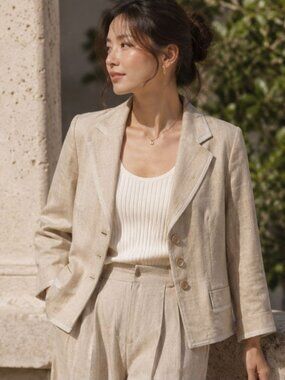 Tuzzi Linen Blend Blazer Beige Size 14 Quiet Luxury Career Chic Minimalist